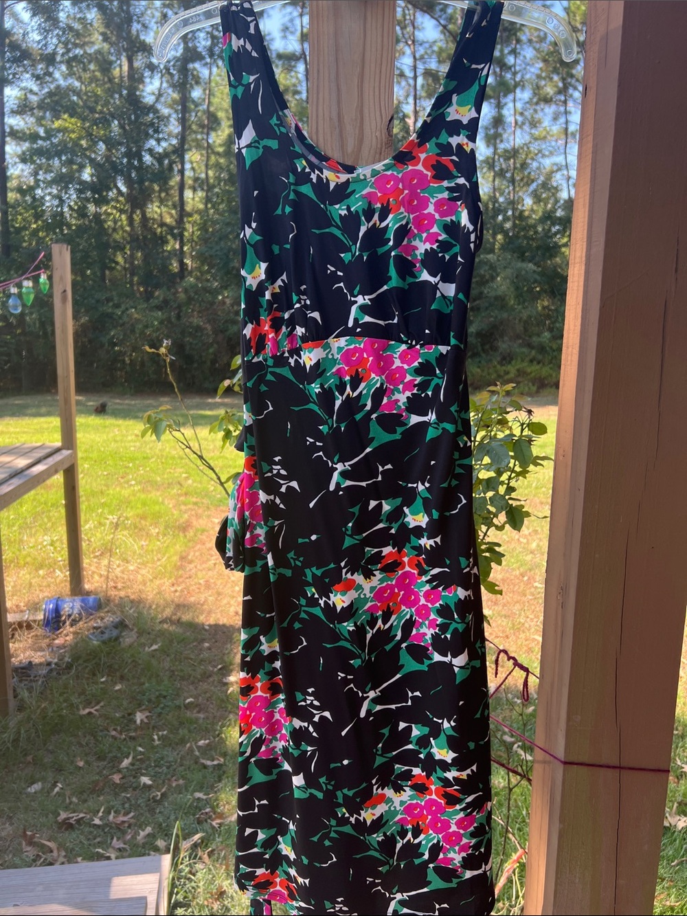 Floral Black Scoop-Neck Women's Dress with Pink & Green Print birds & bees